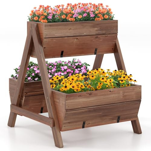 COSTWAY Jardinière Surélevée Verticale en Bois, Lit de Jardin à 2 Niveaux avec 3 Bacs à Plantes Charge 30KG Trous de Drainage, pour Fruits Fleurs Légumes, Marron 66 x 73 x 73 cm
