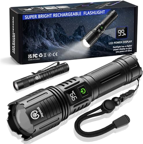 Jayxinli Lampe Torche LED Ultra Puissante, 500000 Lumens Lampe Torche Rechargeable, Lampe Puissante avec Affichage LCD De La Puissance, Lampe Torche Longue Portée avec 5 Modes D'Éclairage Et Zoom