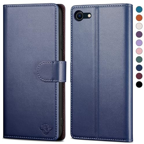 SkyDuck Leather Flip Case for iPhone SE 2022/2020 with RFID Blocking, Credit Card Holder & Tempered Glass Screen Protector - Dark Blue