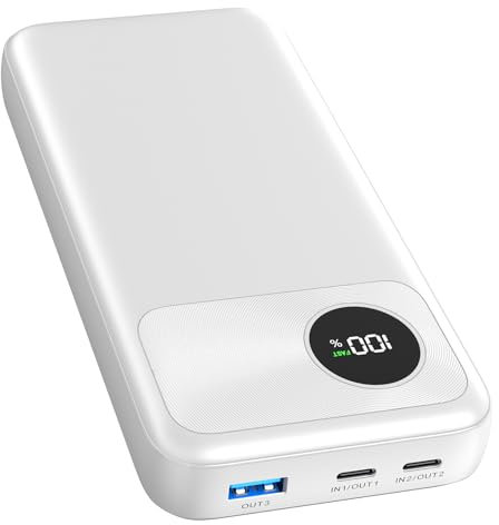 Batería Externa 20000mAh - A ADDTOP 22,5W Carga Rápida Powerbank 2 USB C Entrada&Salida 1 USB A Salida, Cargador Portátil PD3.0QC4.0 LED Digital y para Android iPhone 16 15 14 13 12 Tablets Blanc