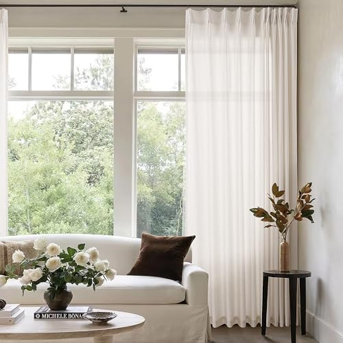 Pinch Pleated Sheer Linen Curtain - 72 Inch Wide, 90 Inches Long - Cream Ivory Drapes for Patio Sliding Glass Door With Hooks Rings - Semi Sheer Privacy Curtains for Living Dining Room