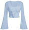 SweatyRocks Women's Crop Top V Neck Casual Long Sleeve T-Shirts Crop Tops with Bell Sleeves, blue, S