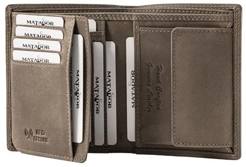 MATADOR Herren Geldbörse Leder #VIGO mit edler Geschenk Box, Elegante Geldbörse Herren RFID Schutz, Luxus Geldbörse Viele Kartenfächer in Grau
