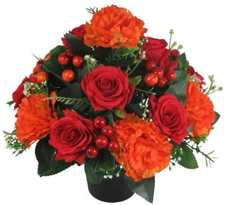 Artificial/Silk Flower Arrangement in Grave pot, 26cm in warm autumn shades with red roses, orange carnations and berries