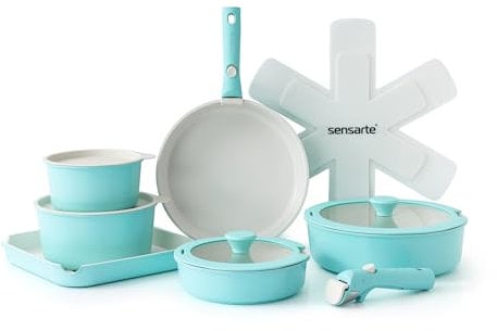SENSARTE 17 Piece Pots and Pans Set, Nonstick Detachable Handle Cookware, Induction Kitchen Cookware Set with Removable Handle, Healthy Non Stick RV Cookware, Oven Safe (Turquoise)