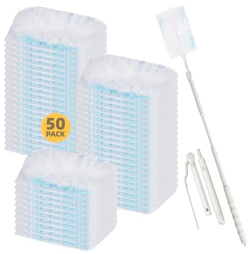 Loveco 51 Stück Staubmagnet Kompatibel für Swiffer Staubmagnet Nachfüllpack, Einweg Magnet Staubwedel für Swiffer Duster, zur Reinigen von Tierhaare Staub Schmutz (50 Tücher + 1 Teleskopstange)