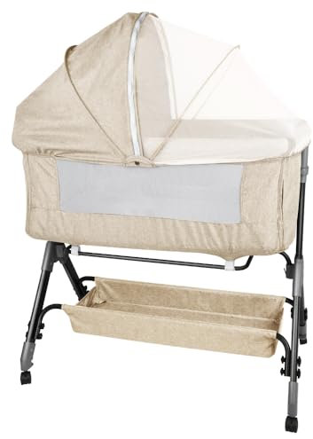 OHMG Bed multifunción 3 en 1,Cuna colecho y Parque,para niños de hasta 15 kg,con Ajuste de Altura de 5 Posiciones,con colchón,Correas de sujeción y Ruedas (Beige (104x52x103-115cm))