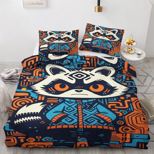 Raccoon Deko - Winter Bettwäsche 135x200 Raccoon, Indianer Tribal Bettbezug 135 x 200 2er Set mit 1 Kissenbezug 80x80, Weiche Mikrofaser Winterbettwäsche mit Reißverschluss J*&188