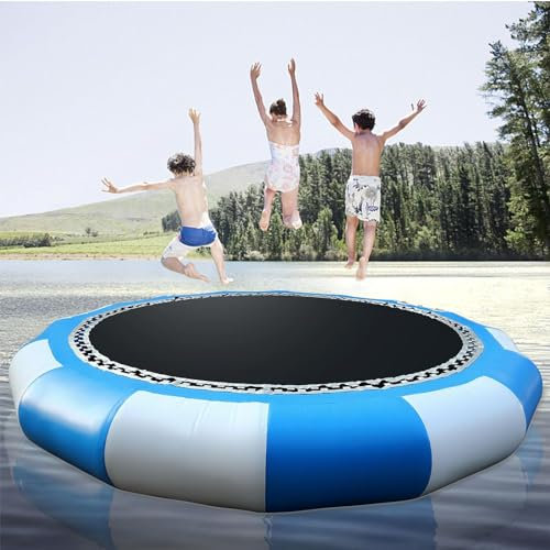 KLYDBMYT Trampoline Aquatique Gonflable, Trampoline Aquatique Gonflable Rond, Trampoline Bleu et Blanc pour Sports Nautiques, Trampoline Flottant pour Piscine, lac, avec Pompe à air, 13 Pieds