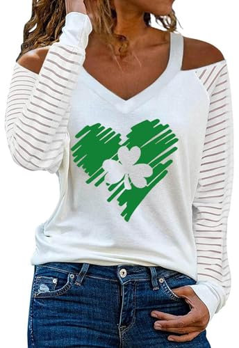 duxyoz Damen Kleeblatt-Sweatshirt, St. Patrick's Day, schulterfrei, lässig, lockere Bluse, Tops, elegant, V-Ausschnitt, Langarmshirt, Tops, Glücksklee bedruckt, lustige Grafik zum Ausgehen, 01Weiß, XL