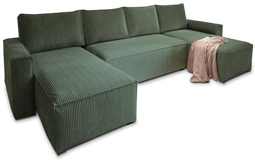 Masseno Ecksofa ASPRA mit Schlaffunktion U-Form, Sofa mit Bettkasten, Wohnzimmersofa, Couch, Soffa, Bettsofa, Couchgarnitur- Grün, POSO 14