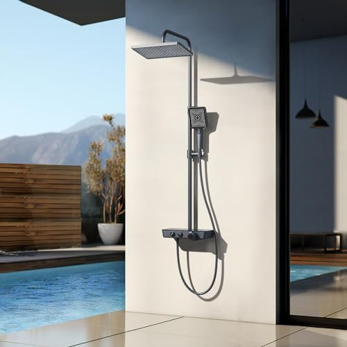 EMKE Colonne de douche thermostatique avec douche de pluie et douche manuelle, 1142 x 303 x 460 mm, anthracite mat, set de douche avec étagère en verre, hauteur réglable 812-1142 mm, fonction 3 en 1