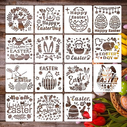 Schablonen Ostern, 15 Stuck Oster Malschablonen Wiederverwendbar Ostern Schablonen Osterei Hase Schablone Frohe Ostern Schablone Basteln Set für Malen Wand Scrapbook Ostern Deko