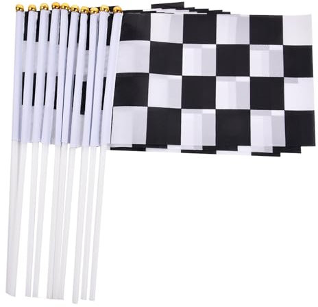 JIEBWCHA Banderas de carreras, bandera de carreras en y negro, bandera de carreras, bandera de mano, 30 unidades, bandera de carreras, 14 x 21 cm, banderas a cuadros de carreras, bandera de