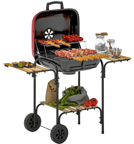 Outsunny Barbecue a Carbone con Ruote e 3 Ripiani, Barbecue a Legna con Coperchio e Griglia, BBQ con Presa d'Aria, in Acciaio e Legno, Rosso e Nero