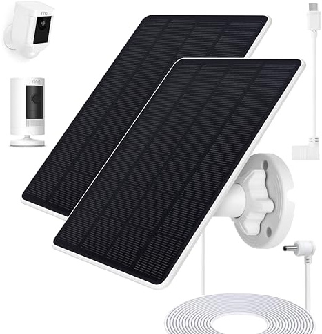 Ring Camera Solar Panel, Compatible with Ri ng Stick Up Cam Battery, Ring Spotlight Plus/Pro Battery, Waterproof 5V6W, 9.8 inch Long Charging Cable (2Pack) (White)