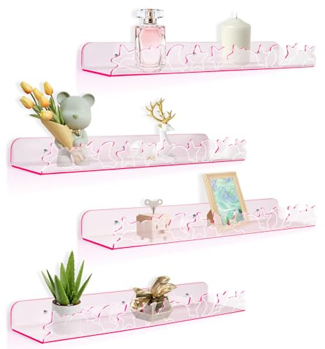 alldomess Acryl Wandregal Ohne Bohren,Schweberegal 4 Stück 40cm für Kinder,Foto und Dekorationen, Hängend zum Küchenregal,Badezimmer,Wohnzimmer,Kinderzimmer,Rosa Sterne und Monde