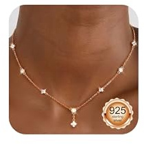 Finrezio Rose Gold Dangle Necklace For Women 925 Sterling Silver Necklace With Cubic Zirconia Rose Gold Chain Necklace Choker Necklaces for Women Wedding Brides Rose Gold Jewellery Gifts