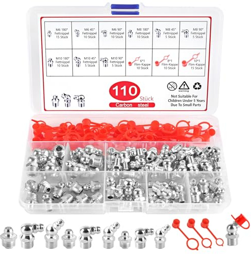 URAQT 110 Pezzi Set di Ingrassatori, Grasso Raccordo Assortimento, Ingrassatori Testine M6 M8 M10 in Dritto e Angolato 45° 90°per Raccordo, Kit di Ingrassatoris, per Attrezzature Meccaniche