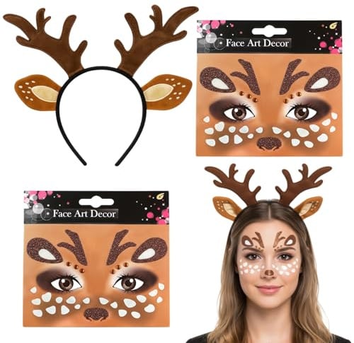 RxaGtn Reh Ohren Haarreif, Reh Ohren, Rentier Haarreif 3-teiliges Set, Beinhaltet Ein Dunkelbraunes Rentier-Haarband und zwei Rentier-Schminkaufkleber für Karneval, Halloween und Mottopartys