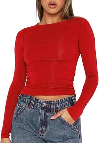 Women's Casual Crop Tops Slim Fit Top Crew Neck Long Sleeve Tight T-Shirt Basic Blouse Tee Tops(Red-10,XS)