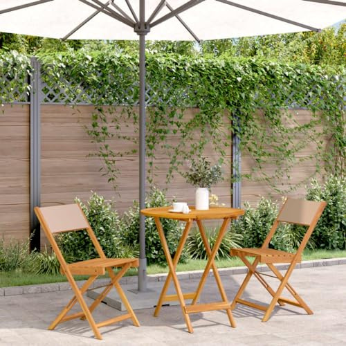 Bucmath 3-TLG. Bistro-Set aus Akazienholz, Taupe Stoff, klappbar, für Garten, Balkon, Terrasse, Essgruppe, Outdoor, 70cm Durchmesser