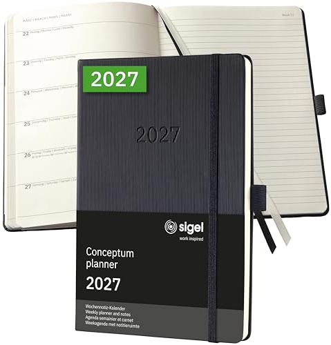 SIGEL Conceptum Wochennotiz Kalender 2027 A5 Hardcover schwarz | C2714, 192 Seiten, Terminplaner mit Gummiband, Stiftschlaufe, Archivtasche, aus nachhaltigem Papier, Kalenderbuch Conceptum