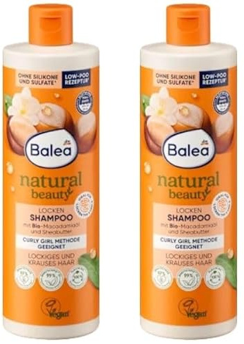 Balea Natural Beauty Shampoo für lockiges und krauses Haar, mit Bio-Macadamiaöl und Sheabutter, 97% natürliche Inhaltsstoffe, vegan 400 ml (Locken)