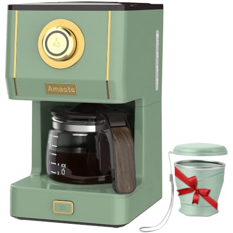 Amaste Drip Coffee Maker, Coffee Machine with 25 Oz Glass Coffee Pot, Retro Style Coffee Maker with Reusable Filter & Three Brewing Modes, Collapsible Silicone Coffee Cup,Warming Plate, Matcha Green