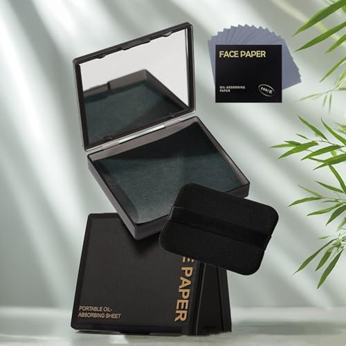 Oil Blotting Paper - 300 Sheets with Mirror, Puff & Refills, Black | Absorbs excess face oil, controls shine, saves makeup. On-the-go essential for a flawless matte finish all day.