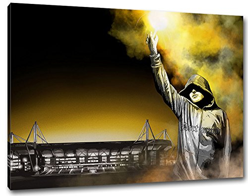Ultras-Art Dortmund Pyro Kunst Stadion, Bild auf Leinwand Panorama, fertig gerahmt, 120 x 80 cm