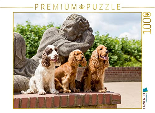 CALVENDO Puzzle DREI Cocker sitzen vor Einer Steinfigur 1000 Teile Puzzle quer | Lege-Größe cm Foto-Puzzle für glückliche Stunden