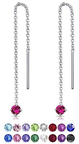 DTPsilver® KLEINE Durch Ohrringe ziehen 925 Sterling Silber mit Baumelnde 3 mm Swarovski® Elements Kristall - Farbe : Fuchsie