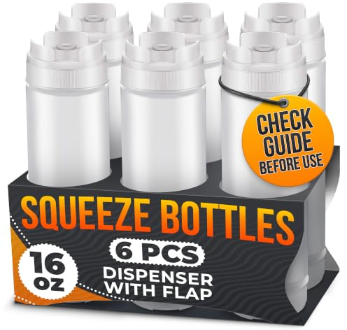 Set of 6 Inverted Condiment Squeeze Bottles 16 oz – Upgraded Design with Added Sealing Gaskets, Self-Closing Valve, Easy-to-Fill Clear Bottles for Sauces, Dressings, Ketchup, Mustard for Everyday Use