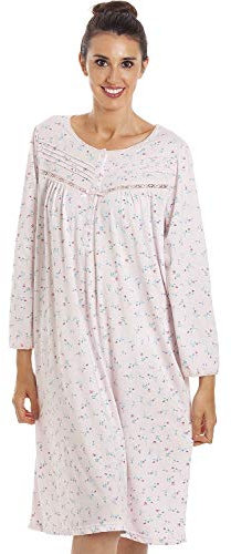 Camille Organic Cotton Women's Nightie - Floral Knee Length Lightweight Ladies Cotton Nightdress | Relaxed Fit Traditional Nighty with Long Sleeves | Flattering Shape Nightwear - Pink 10-12
