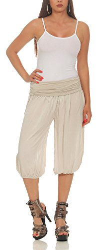 Matyfashion Damen Sommerbermuda Pluderhose Kurze Haremshose Weite Pumphose 2003 (Beige)