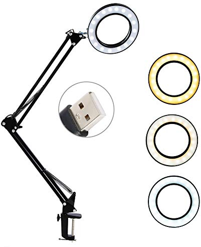 LED Lupenleuchte, Lupe mit Licht, 8X Lupenlampe Schreibtischlampe Arbeitsleuchte mit Schwenkarm, 3 Farbmodi, 10 Helligkeitsstufen, LED Dimmbar Klemmleuchte Buchlampe für Büro, Arbeit, Reparatur, Lesen