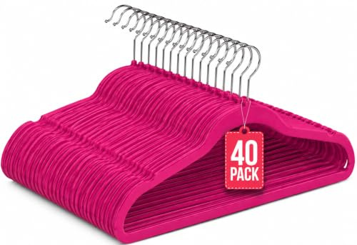 Perchas de Terciopelo Fucsia Pack 40 COM-FORT HOUSE | Antideslizantes, Gancho giratorio 360°, Ahorra espacio, Protección para prendas