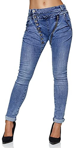 Elara Damen Jeans Boyfriend Baggy Knopfleiste Chunkyrayan C613MK Blau 42 (XL)