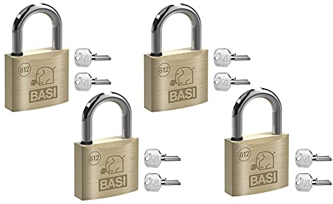 BASI | Vorhangschloss 4er Set | 50 mm | mit Wasserstopp | gleichschließend | massives Messing-Gehäuse | gehärteter Stahlbügel | stabiles Vorhängeschloss | Bügelstärke 8 mm | 4 Stück