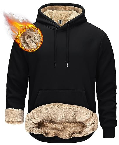 TACVASEN Kapuzenpullover Herren Fleece Sweatshirt mit Kapuze Sherpa Gefüttert Hoodie Thermo Warm Winterpullover, Schwarz, L