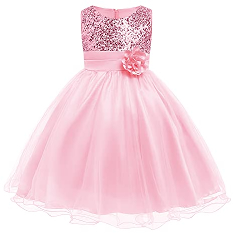 Odizli Vestito da principessa per bambini, senza maniche, con paillette, senza maniche, motivo floreale, per la prima comunione, per il battesimo, Colore: rosa., 6-7 Anni