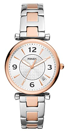 Fossil Carlie Reloj para mujer, movimiento de cuarzo con correa de acero o piel, Tono plata y blanco, 35MM