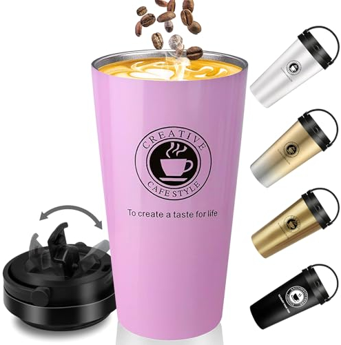 TOPAHGOD Thermobecher, Edelstahl Kaffeebecher to go mit Deckel und Griff, Doppelwandig Isoliert Vakuum Travel Mug, Thermosflasche 500ml BPA-Frei Geeignet für Eiswasser, Kaffee, Getränke (17oz, Rosa)