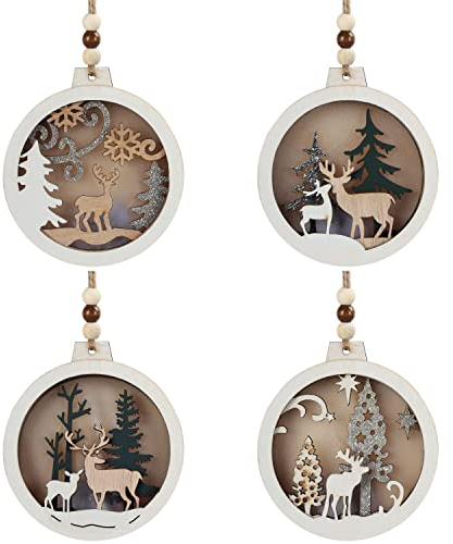 Belle Vous Decoraciones de Navidad de Madera Colgantes para el Árbol (Set de 4) 9,2 x 10 cm - Adornos Navidad Renos con Luces LED - Artículos de Navidad para Fiestas, Eventos, Decorar