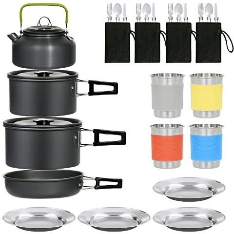 Pentole da campeggio (Kettle, padella e doppia pentola, stoviglie da esterno pieghevoli, kit per quattro persone, fornello portatile per picnic e viaggi, set di attrezzature per escursioni in squadra