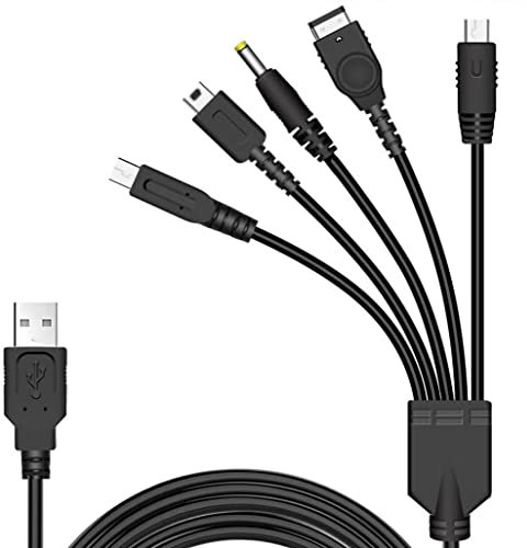 lanruosu-R 5 in 1 USB Charger Cable Cord for NDS Lite/Wii U/New 3DS(XL/LL),3DS(XL/LL),2DS,DSi(XL/LL),NDS/GBA SP,PSP 1000 2000 3000, Black, 1.2m