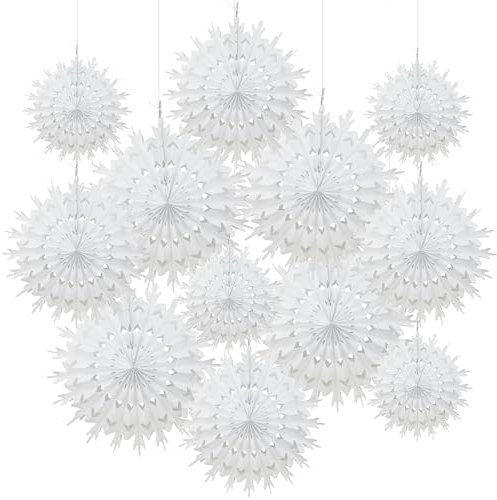 Time to Sparkle 12 Pack Mix Tissue Paper Fan Party Fan Snowflake Christmas Wedding Decoration Fan Mix-White