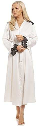 Camille Womens Antique Satin Long Wrap - Ladies Luxury Dressing Gown - Comfortable & Breathable Summer Nightwear with Black Floral Lace Ivory 18-20