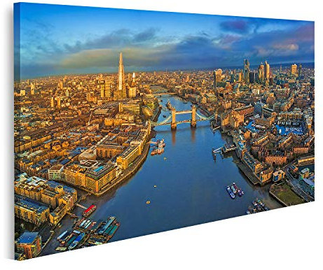 islandburner Bild auf Leinwand London England Panoramablick auf die Skyline einschließlich der ikonischen Tower Bridge Red Double D Wandbild Leinwandbild Bilder für Wohnzimmer GDUE-1K